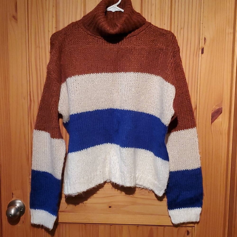 NWOT -Very warm brown, blue & off white striped sweater